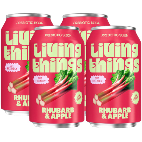 Four cans of Living Things Rhubarb & Apple prebiotic soda on a white background
