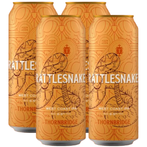 Four cans of Thornbridge Rattlesnake West Coast IPA on a white background