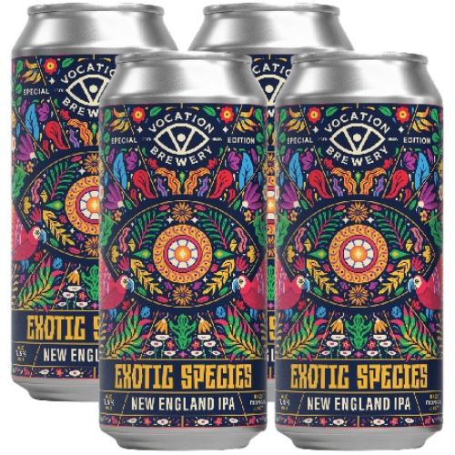 Four cans of Vocation Brewery Exotic Species New England IPA with colorful labels.
