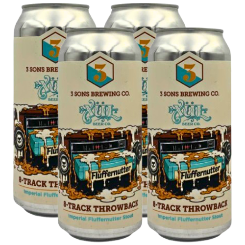 Four aluminum cans of 3 Sons Brewing Co. 8-Track Throwback Imperial Fluffernutter Stout arranged in a fan-like product display on a white background.