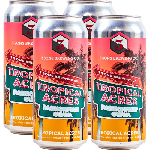 Four aluminum cans of 3 Sons Brewing Co. Tropical Acres Passion Fruit Guava Ale arranged in a clean studio shot against a white background.