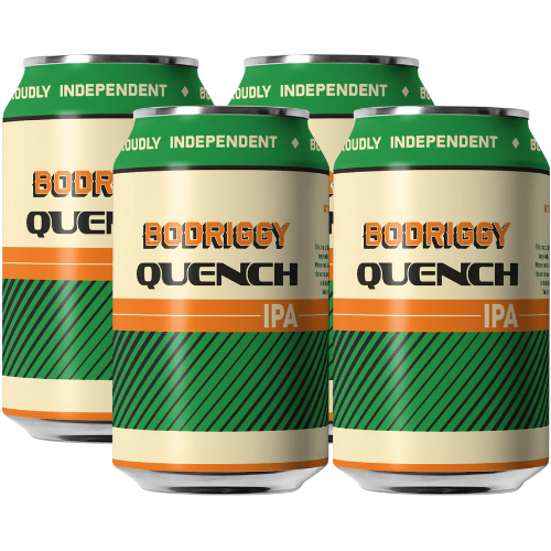Four cans of Bodriggy Quench IPA with green and gold labels.