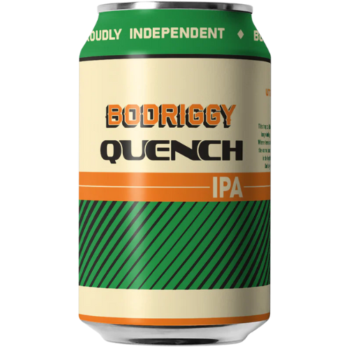 Bodriggy Quench IPA can with green, orange, and beige design on a white background