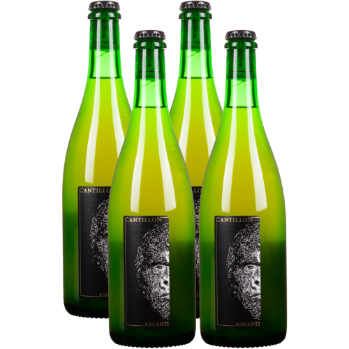 Four bottles of Cantillon Ashanti on a white background.