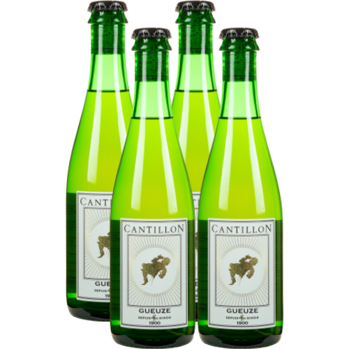 Four bottles of Cantillon Gueuze on a white background