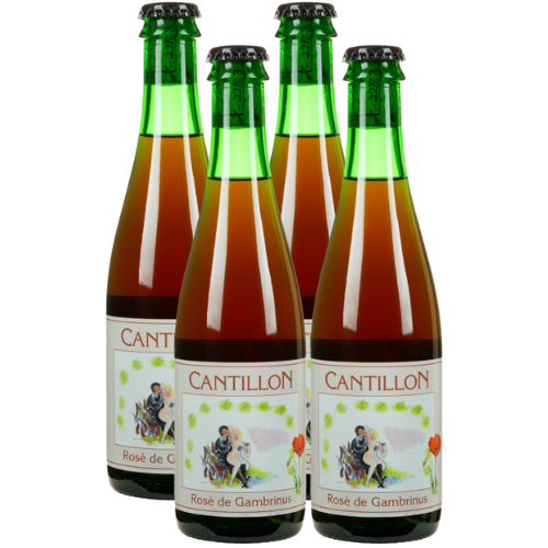 Four bottles of Cantillon Rosé de Gambrinus beer on a white background