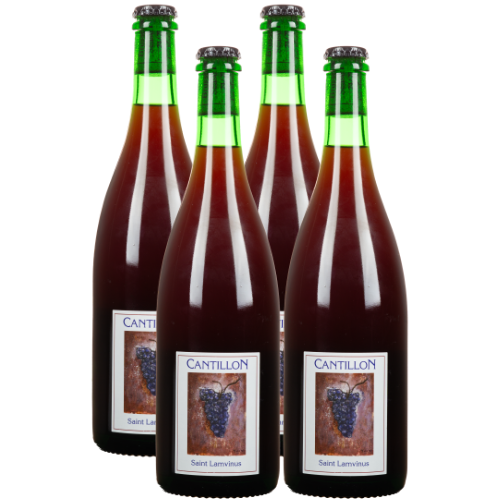 Four bottles of Cantillon St Lamvinus on a white background