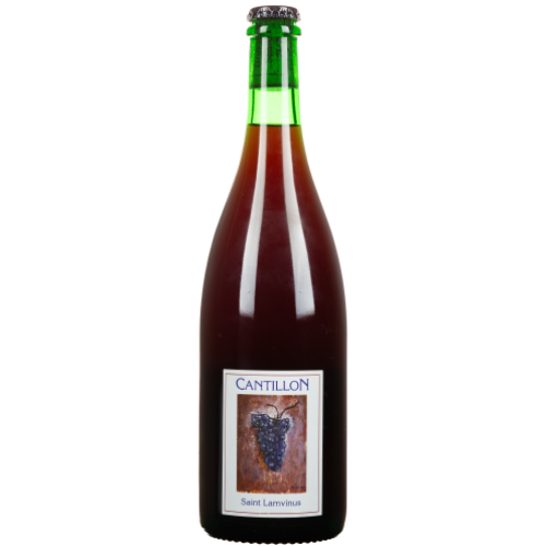 Bottle of Cantillon Saint Lamvinus beer on a white background