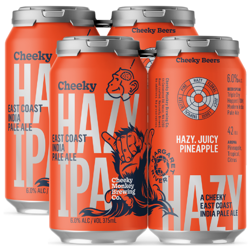 Four cans of Cheeky Monkey East Coast IPA on a white background