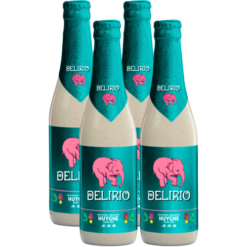 Four bottles of Delirium Delirio beer with pink elephant logo on a white background