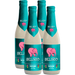 Four bottles of Delirium Delirio beer with pink elephant logo on a white background