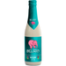 A bottle of Delirium Delirio beer with pink elephant logo on a white background
