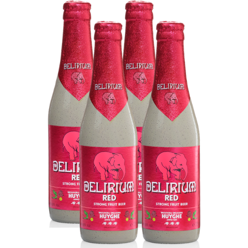 4 bottles of Delirium Red Strong Fruit Beer on a White Background
