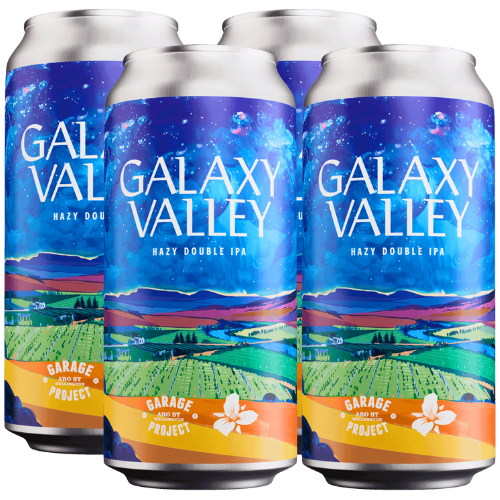 Four cans of Garage Project Galaxy Valley on a white background