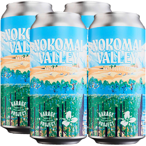Four cans of Garage Project Nokomai Valley hazy double IPA on a white background