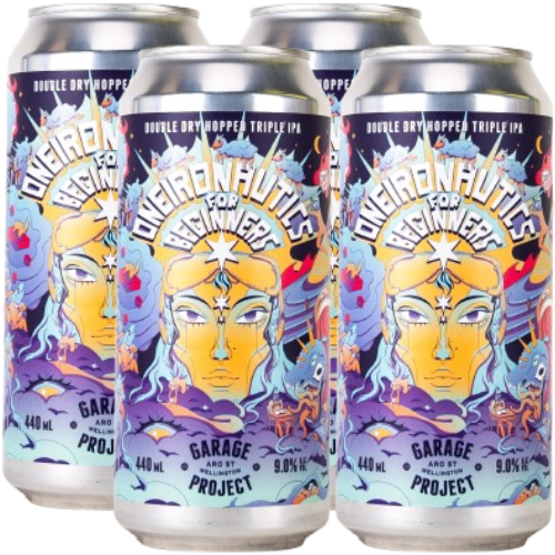 Four cans of Garage Project Oneironautics for Beginners double dry hopped triple IPA on a white background