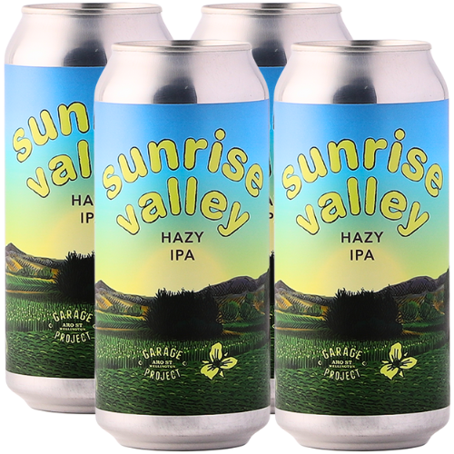Four cans of Garage Project Sunrise Valley Hazy IPA on a white background