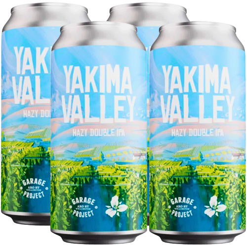 Four cans of Garage Project Yakima Valley beer on a white background