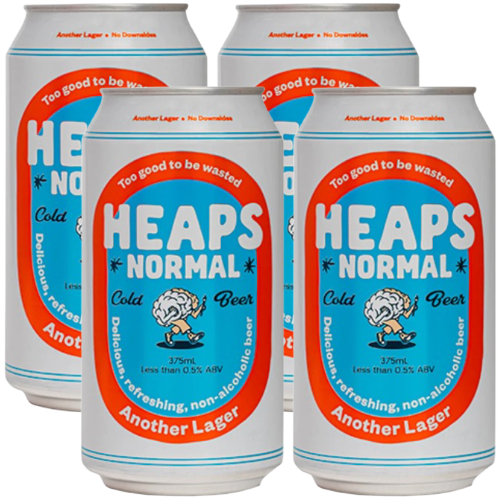 Four cans of Heaps Normal Another Lager on a white background