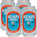 Four cans of Heaps Normal Another Lager on a white background