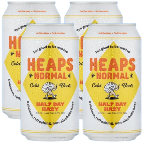 Four cans of Heaps Normal Half Day Hazy on a white background