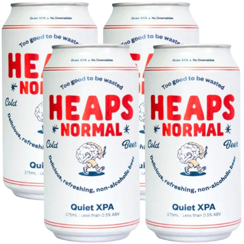 Four cans of Heaps Normal Quiet XPA on a white background