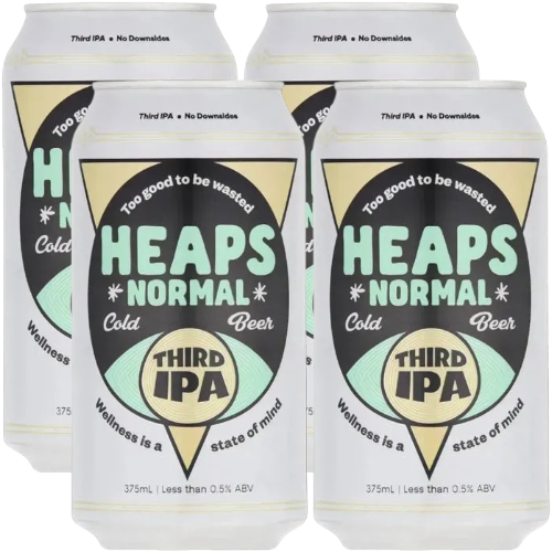 Four cans of Heaps Normal Third IPA on a white background