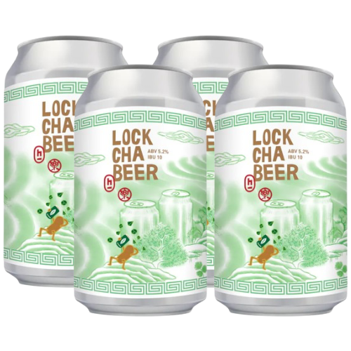 Four aluminum cans of Lock Cha Beer arranged in a cluster on a plain white background. The cans are silver with a light green and white label featuring traditional Chinese-style illustrations, including brown text reading 'LOCK CHA BEER'.