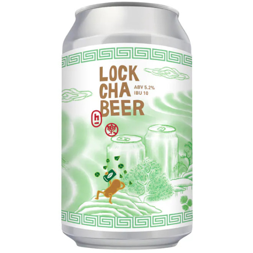 A 330ml aluminum can of Lock Chak Beer, featuring a white label with green illustrations of a mountain, waterfall, and a small golden figure, on a solid white background.