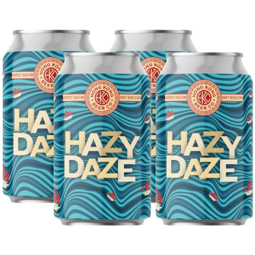 Four aluminum cans of Hong Kong Beer Co. Hazy Daze beer, arranged in a staggered group on a white background.