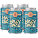 Four aluminum cans of Hong Kong Beer Co. Hazy Daze beer, arranged in a staggered group on a white background.
