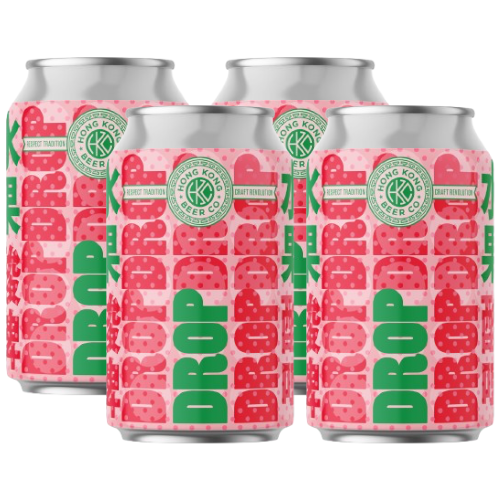 Four aluminum cans of Hong Kong Beer Summer Drop arranged in a group on a white background.