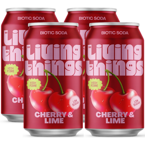 Four red biotic soda cans labeled 'Living Things' and 'Cherry & Lime' arranged in a studio-style packshot on a white background.