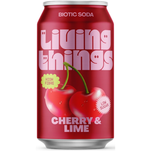 A red aluminum can of Living Things Biotic Soda in Cherry & Lime flavor, featuring a graphic of two cherries on the front label with silver metal caps at the top and bottom.