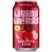 A red aluminum can of Living Things Biotic Soda in Cherry & Lime flavor, featuring a graphic of two cherries on the front label with silver metal caps at the top and bottom.