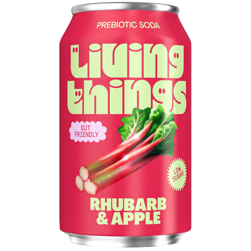 Living Things prebiotic soda can with rhubarb and apple flavor on a white background
