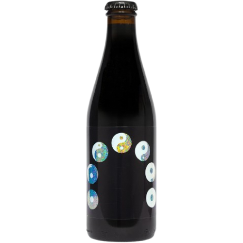 Black bottle with colorful circular designs on a white background