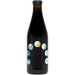 Black bottle with colorful circular designs on a white background