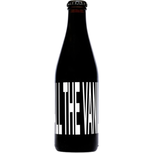 Black bottle with a white label featuring text 'All the Vanilla' on a white background