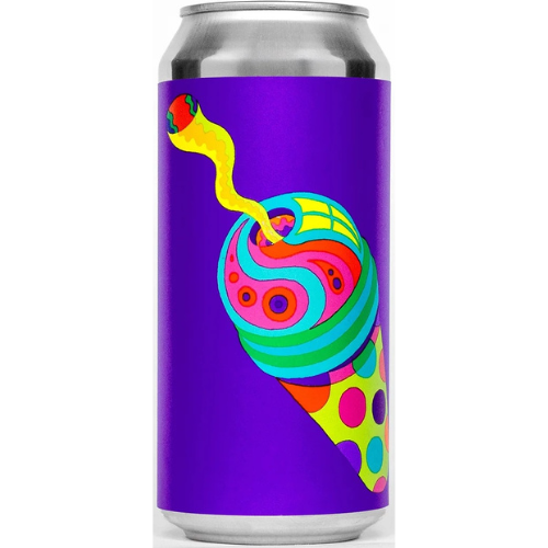 Colorful can with a snake design on a purple background