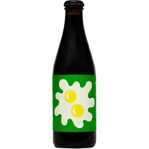 Bottle with a green label featuring 2 sunny side up fried eggs on a white background