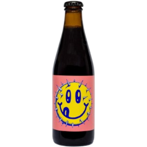 Omnipollo bottle with a colorful label featuring a smiley face design on a white background