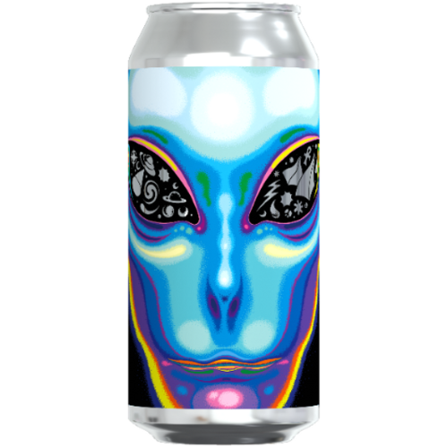 Can with a colorful alien face design on a white background