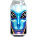 Can with a colorful alien face design on a white background