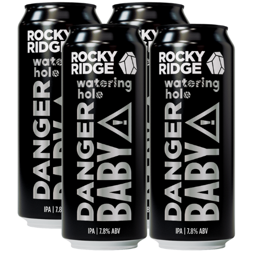 Four cans of Rocky Ridge Danger Baby IPA on a white background