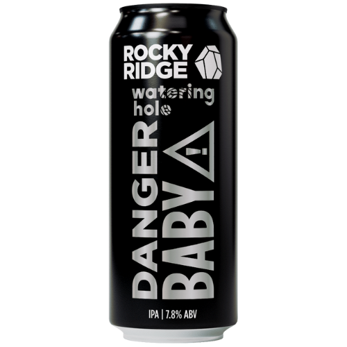Black can of Rocky Ridge Watering Hole Danger Baby IPA with white text on a white background