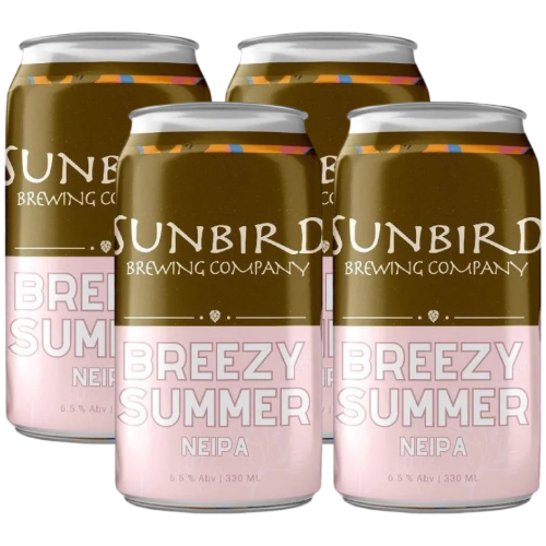 Four cans of Sunbird Brewing Company Breezy Summer NEIPA on a white background