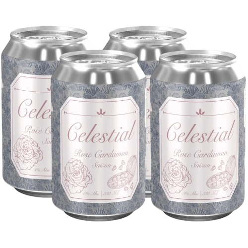Four cans of Celestial Rose Cardamom Saison with decorative labels on a white background