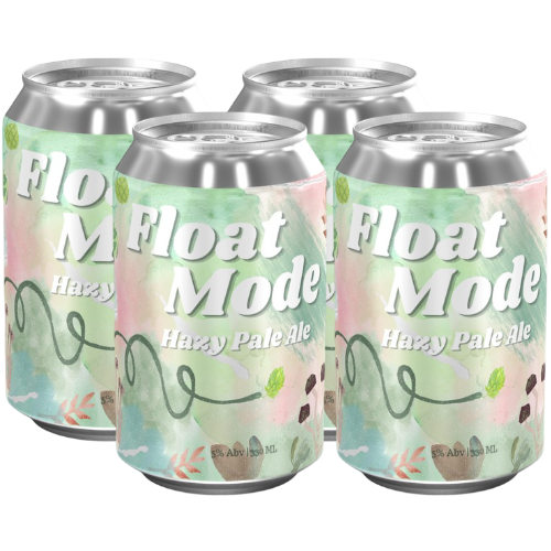 Four cans of Float Mode Hazy Pale Ale with a floral design on a white background