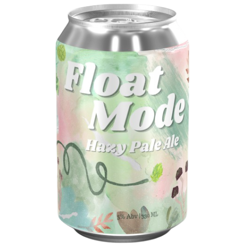 A can of Float Mode Hazy Pale Ale with a colorful label on a white background